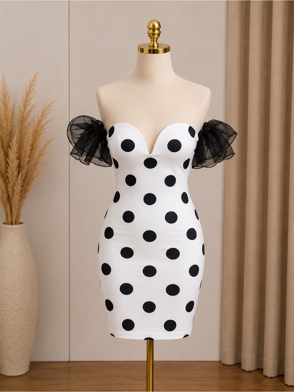 White polka dot-off-shoulder mini dress with puff sleeves